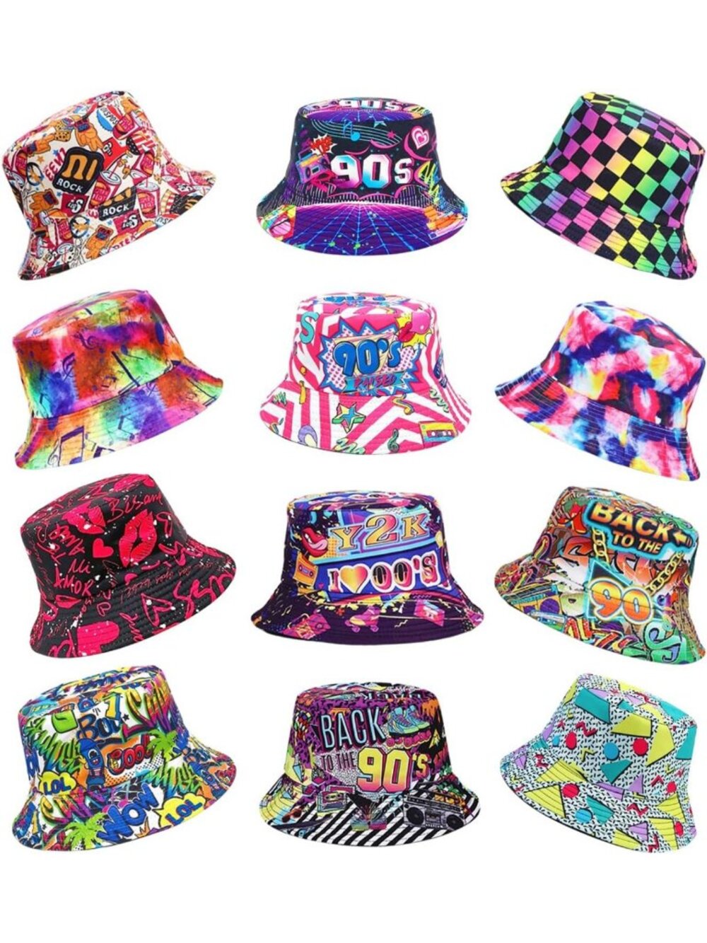 12 Pack Colorful Retro Bucket Hats - Fun 90s Party Caps for Men & Women, Sun